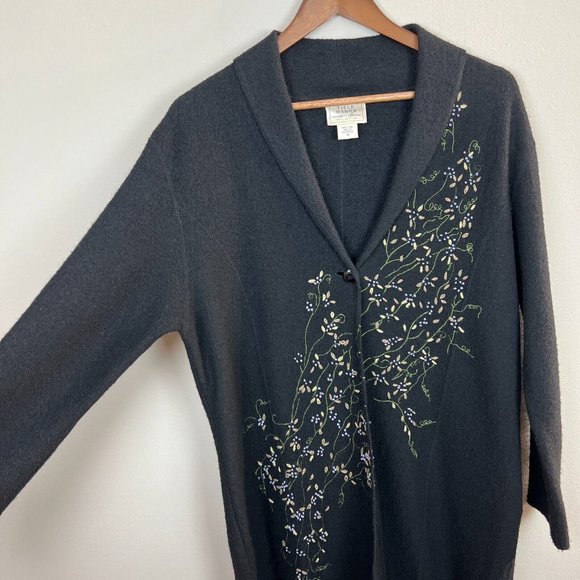 Field Manor Duster Cardigan Sweater M Black Embroidered Boiled 100% Wool Floral - Picture 4 of 10
